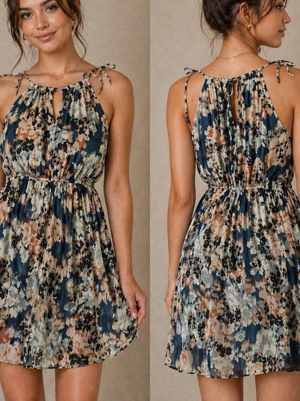 A-line A-Muse blue and white floral dress with tie back and open back
